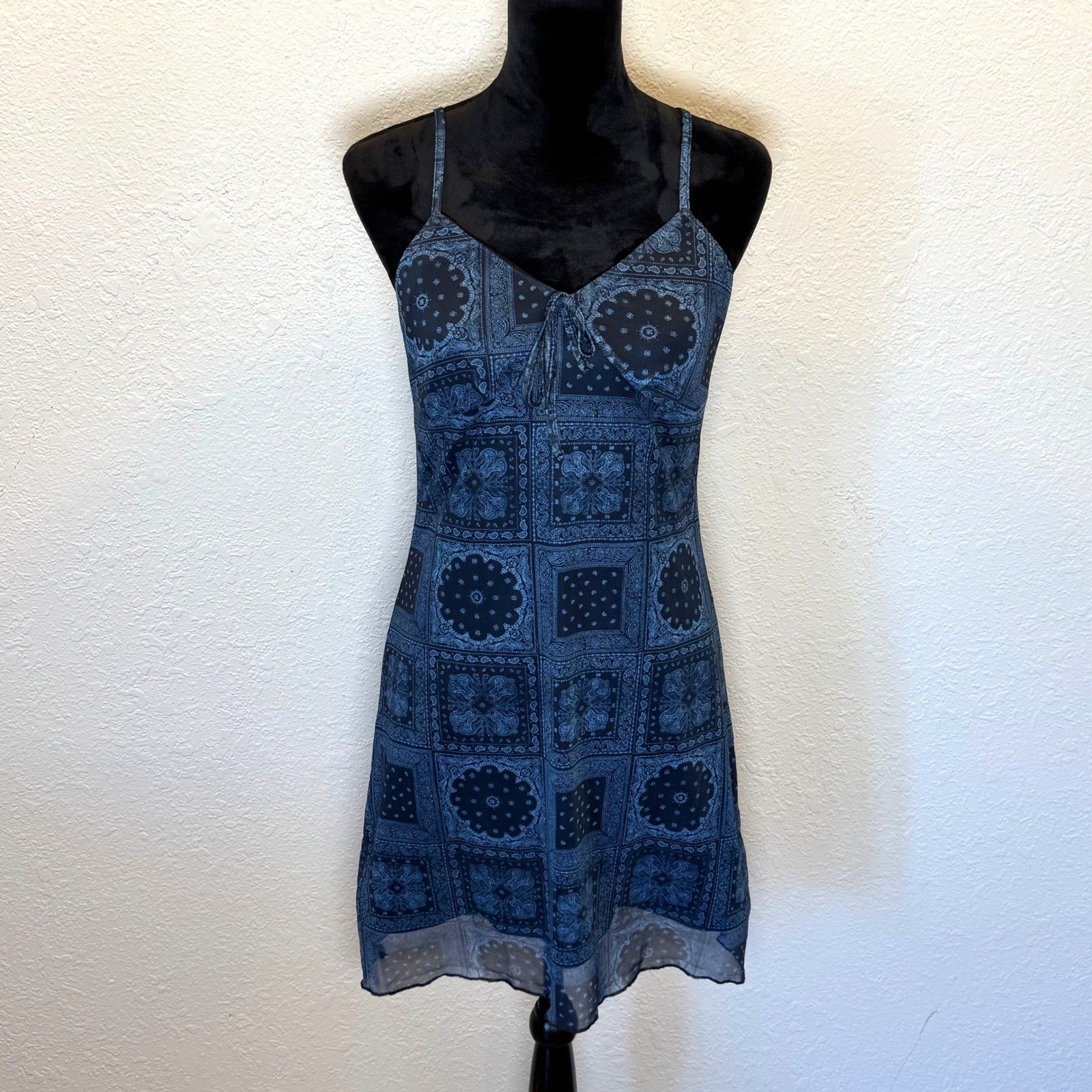 Dazy Blue Bandana Print Mesh Mini Dress V-Neck Tie Front Size L