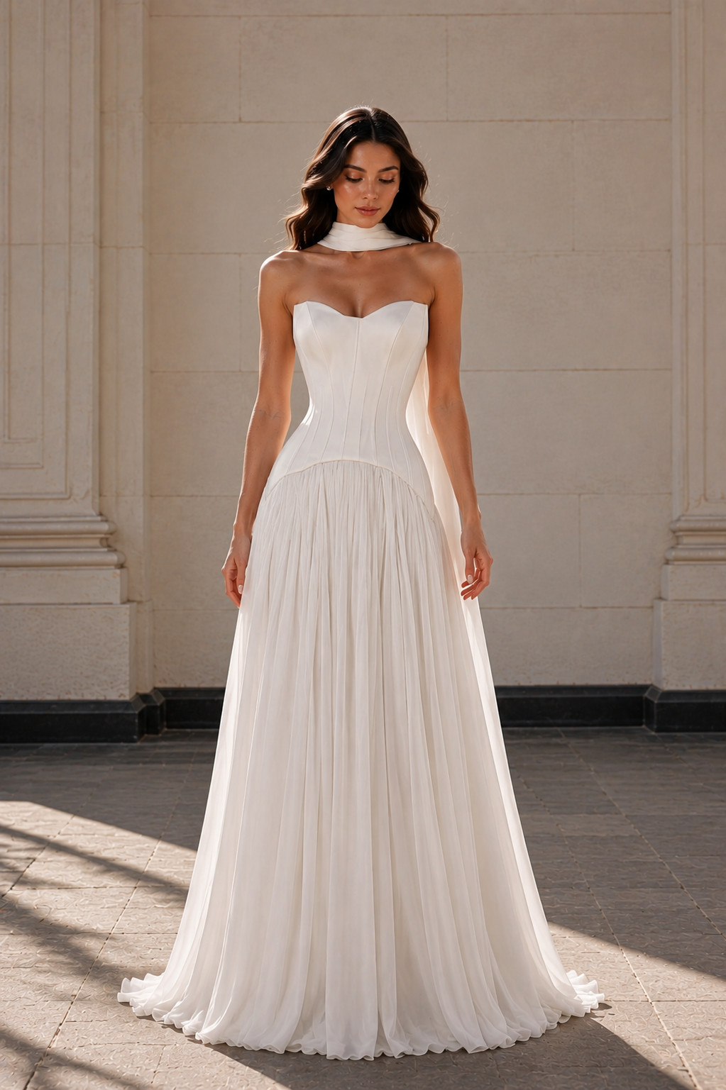 Women’s White Strapless Corset Chiffon Wedding Dress Bridal Maxi Gown