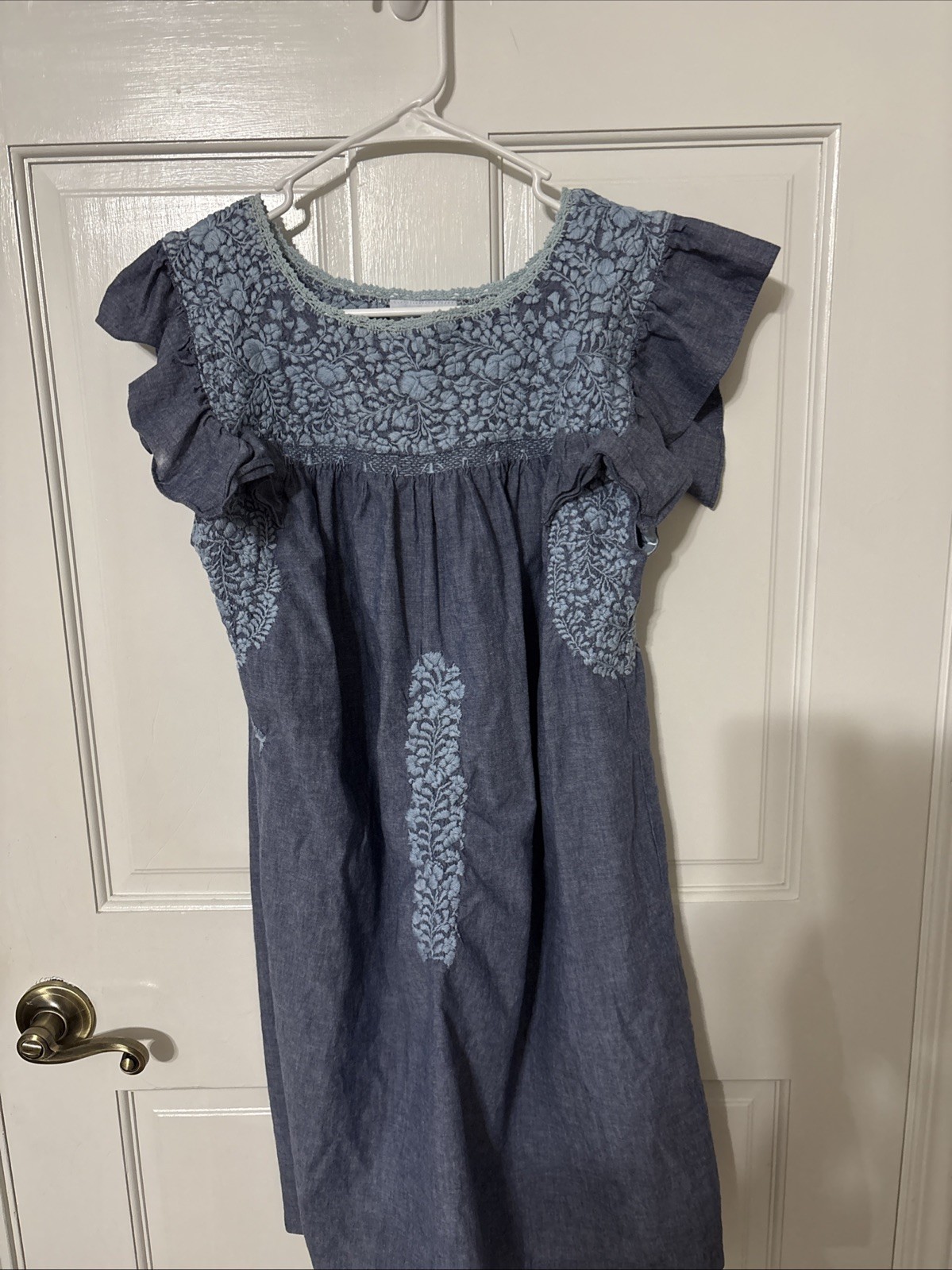 Mi Golondrina Blue Embroidered Chambray Mini Dress Medium SEE Pics