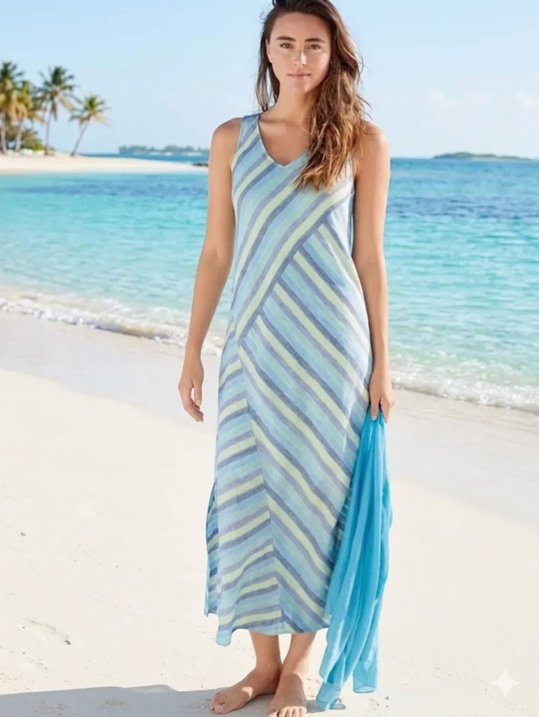 J.Jill NWT Linen Women XSP Linen Blue Stripped Sleeveless Lined Midi Dress