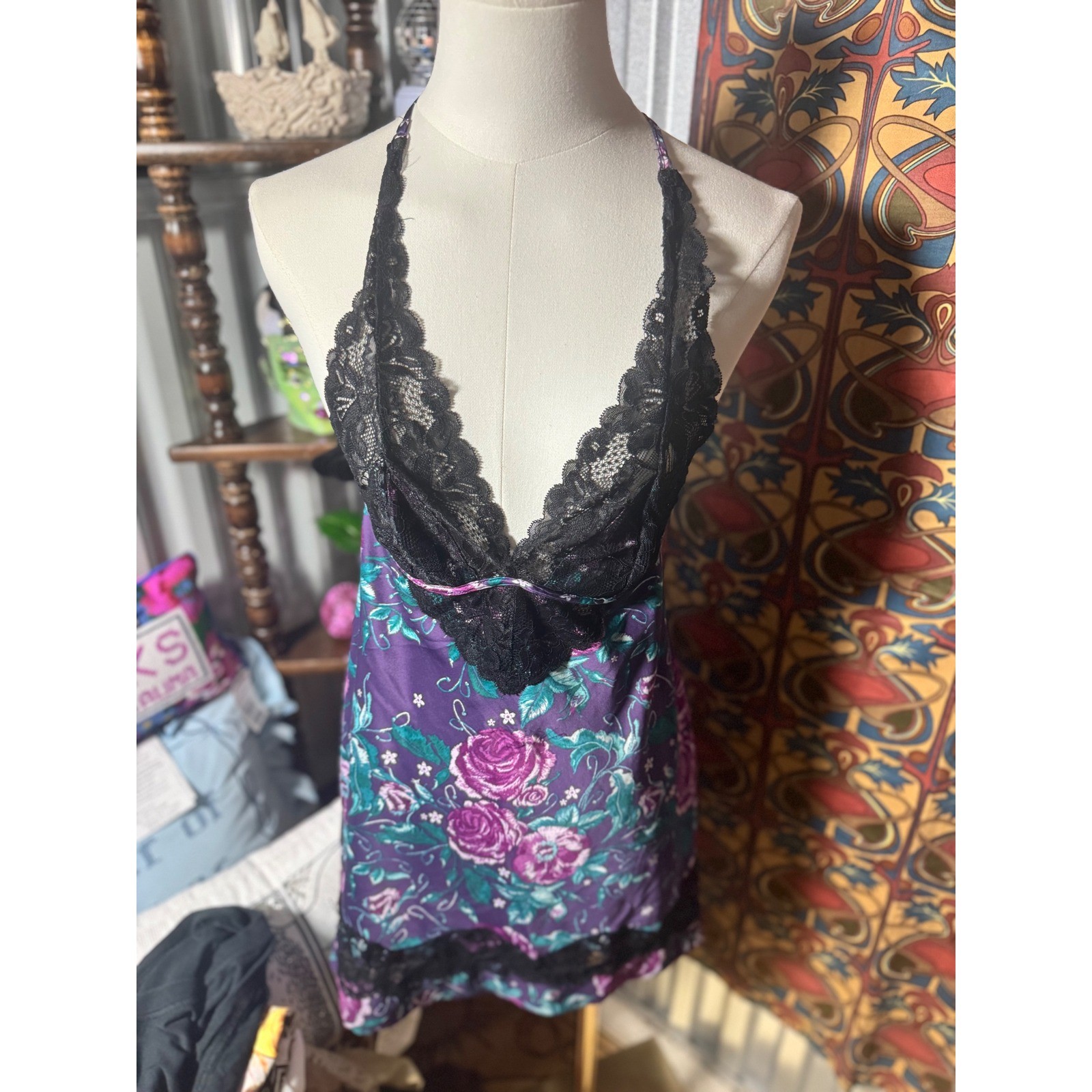 Cassandra Intimates Purple Floral Lace Trim Halter Mini Dress