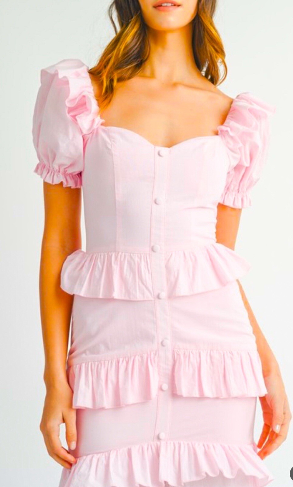 Lovely Cream Pink Puff Sleeve Ruffle Women’s New Maxi dress New S,M,L