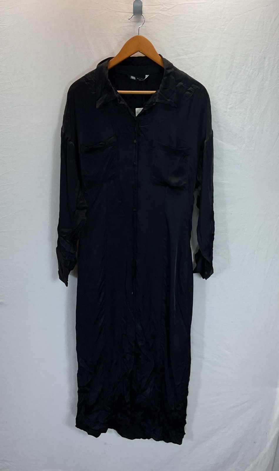 NEW Zara Women’s Maxi Black Satin Long Cuffed Sleeved Shirt Dress Size LG