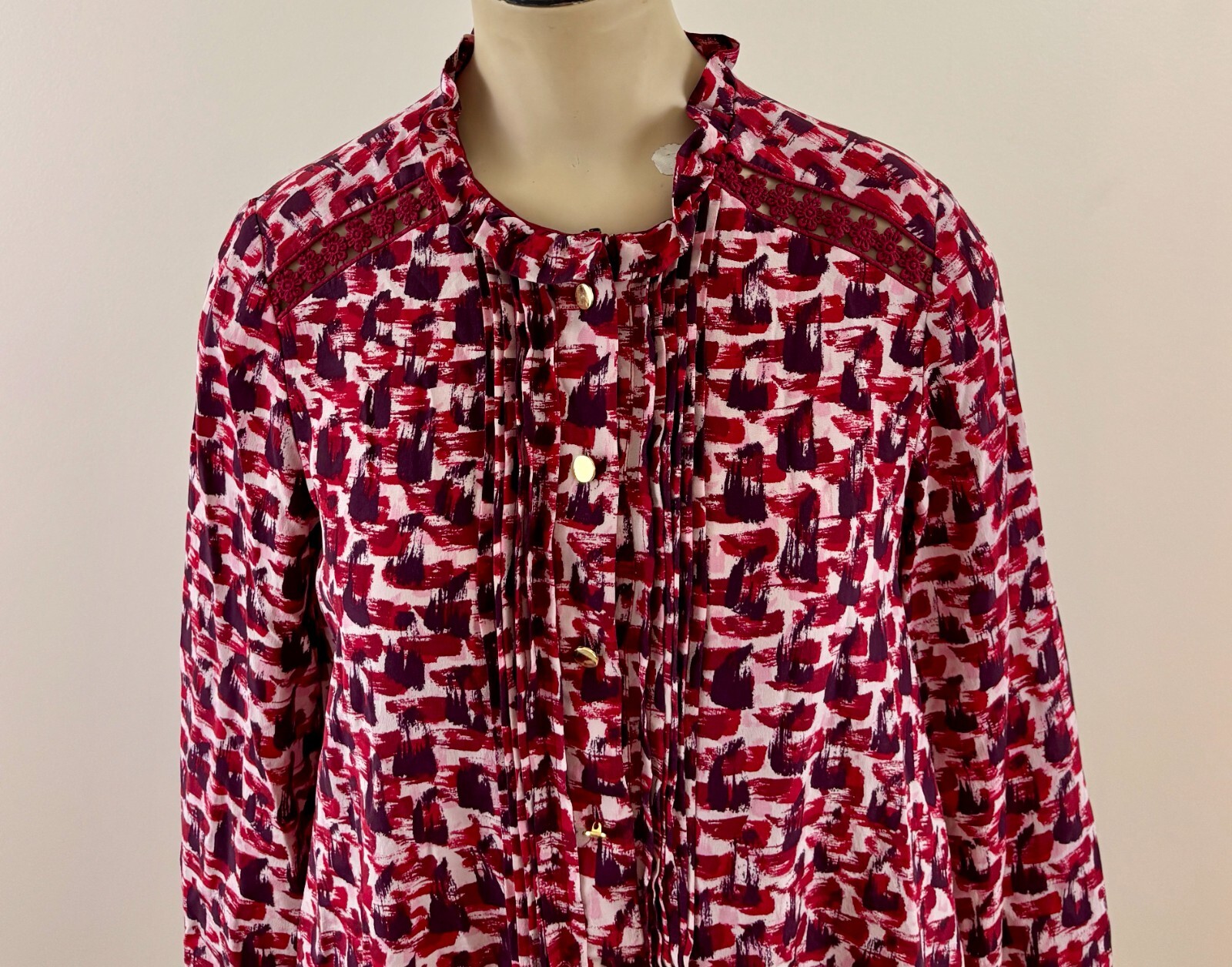 KATE SPADE Women XS Red Abstract Pintuck 100% Silk Floral Lace Long Sleeve Dress