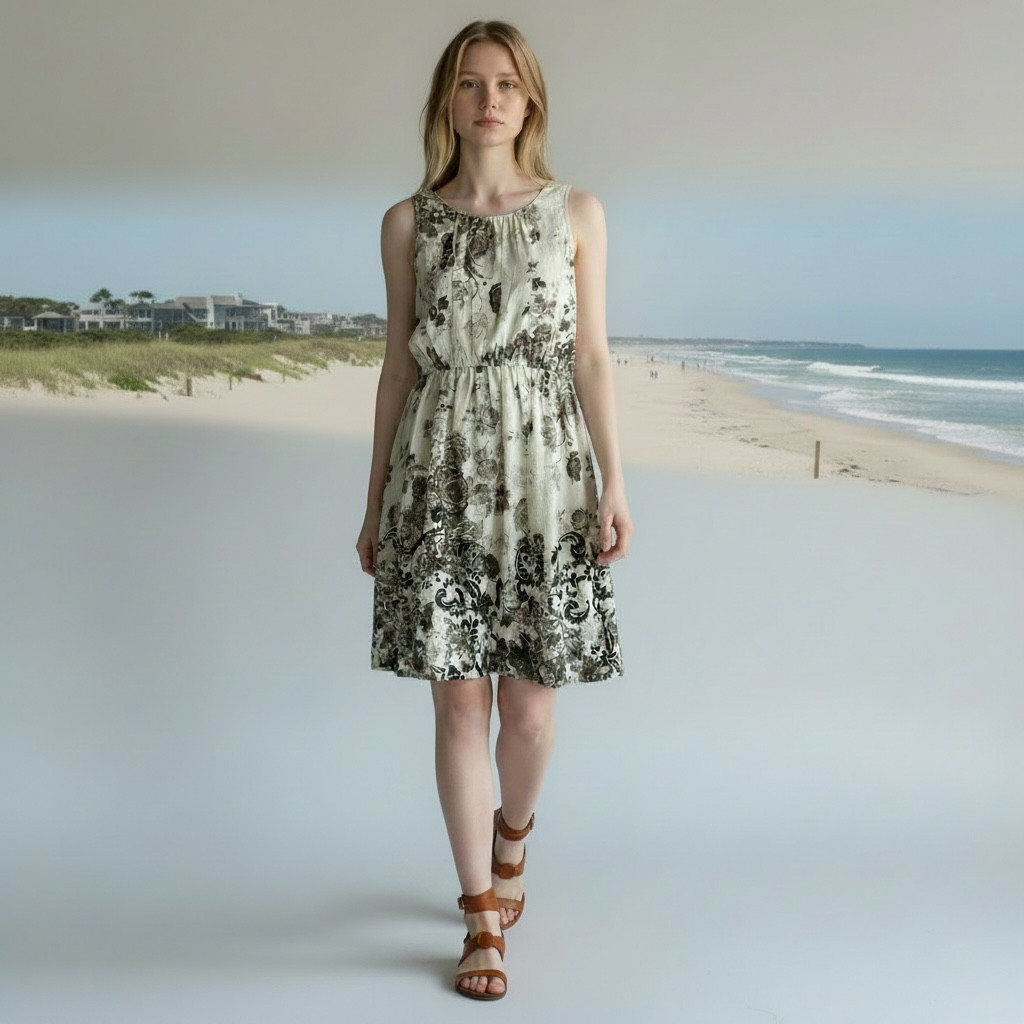 Lands End Canvas Coastal 100% Cotton Toile Floral Shabby Fit Flare Dress 6 Ivory