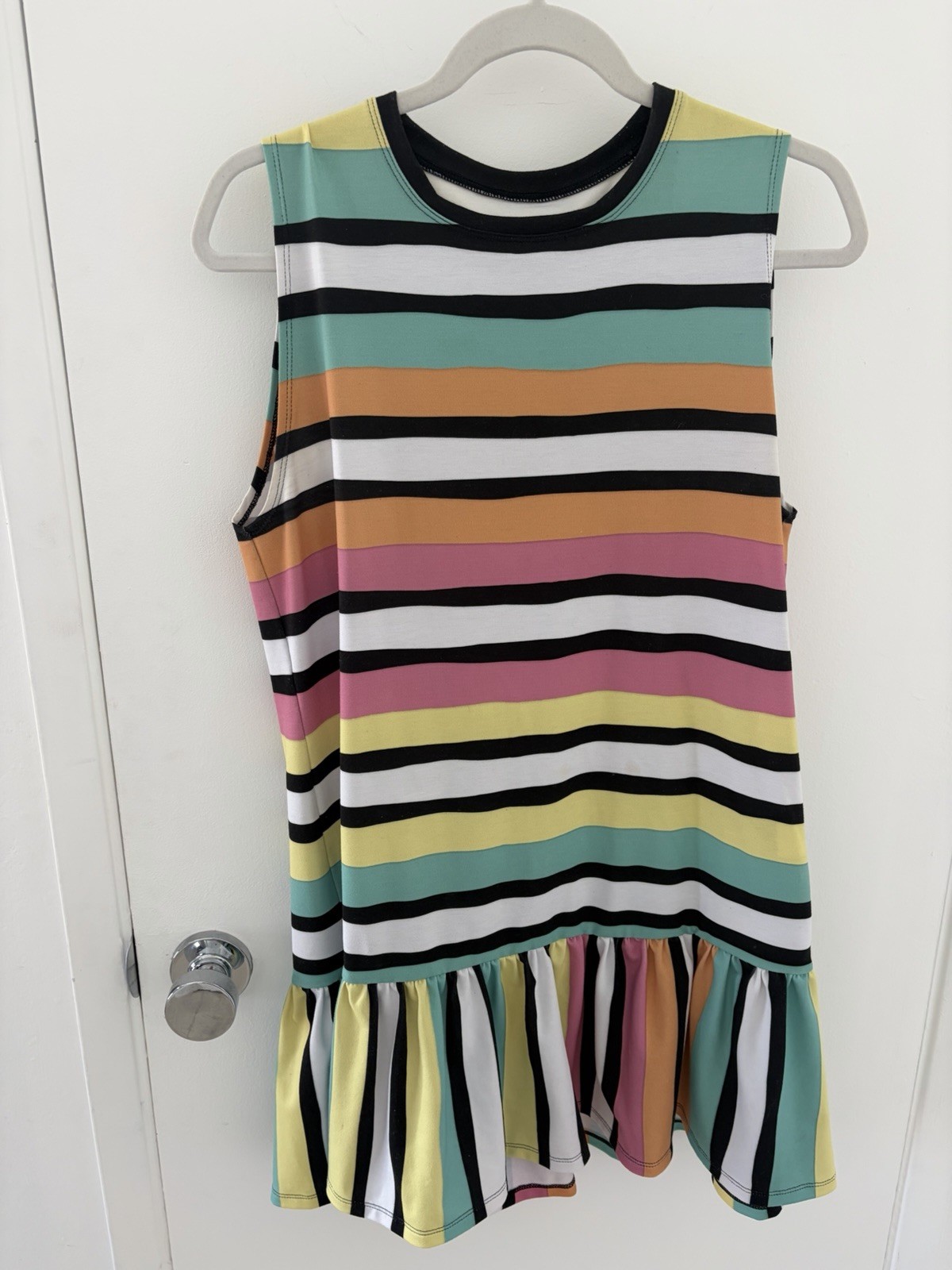 Blackmilk Multicolor Striped Knit Shift Dress Ruffle Hem Crew Neck Stretch S