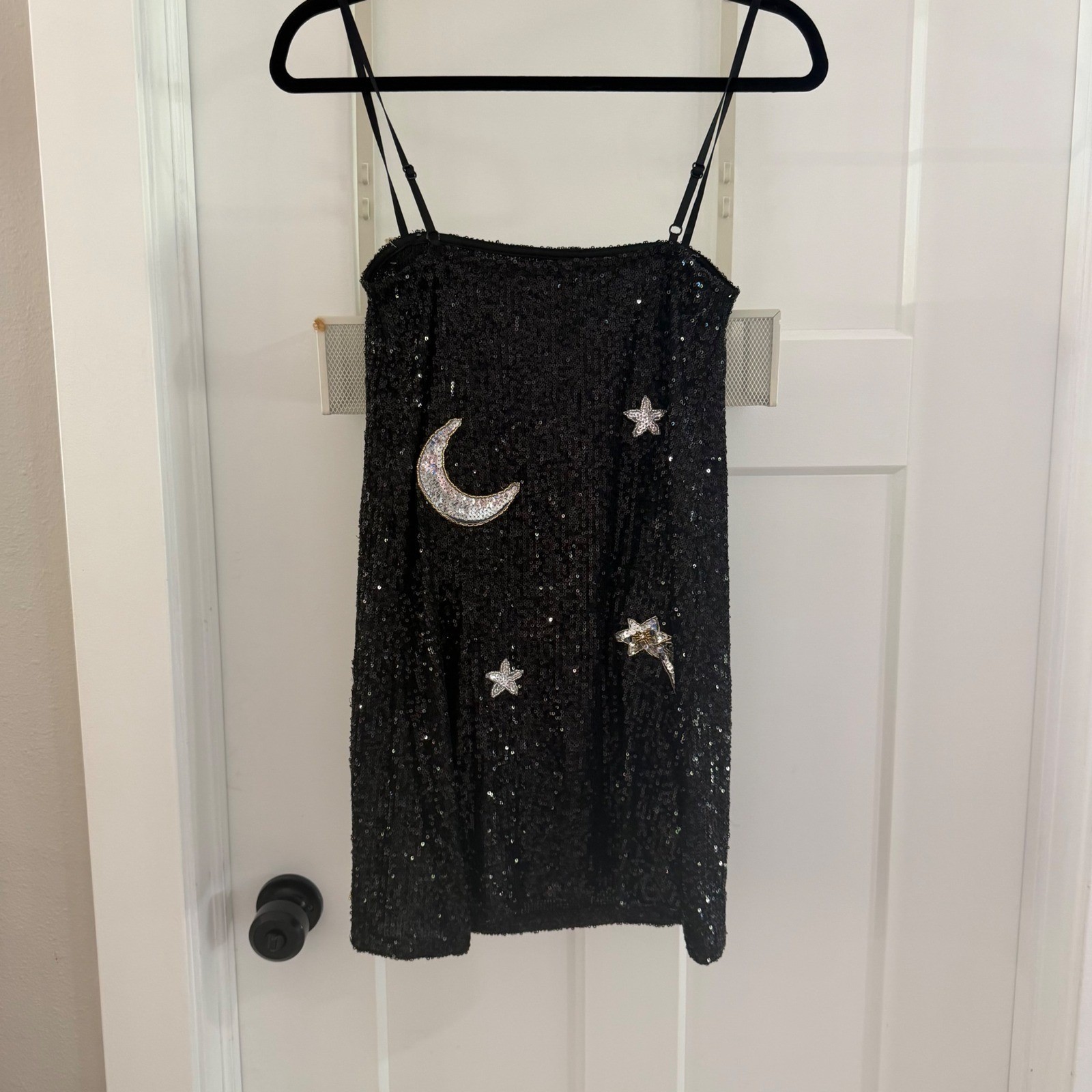 East N West Label Sequin Star Mini Dress Black Celestial Moon Sun Whimsy M Party