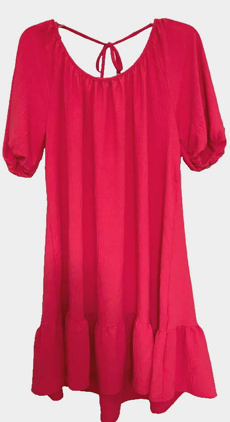 New Ophelia Roe Coral Red Dress Tie Back Short Sleeve Ruffle Hem Cover Up LARGE