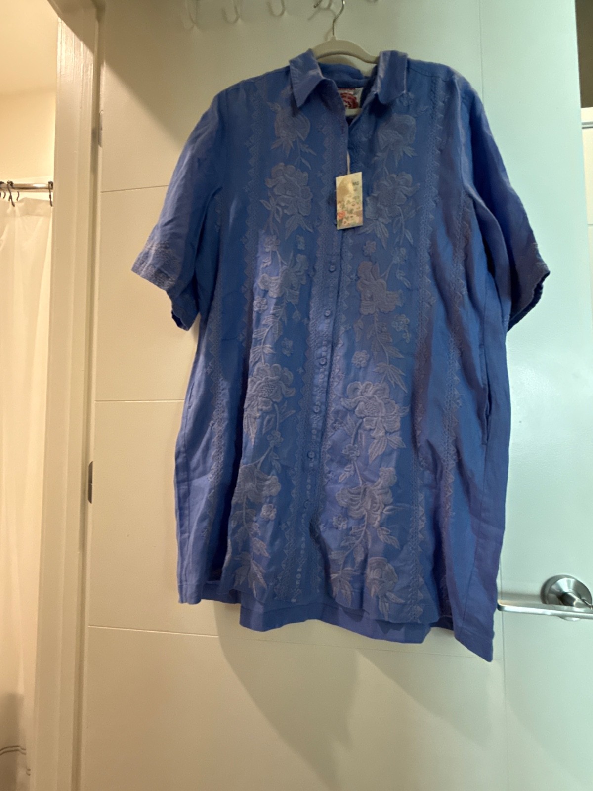 Johnny Was BNWT Kimono Sleeve Embroidered Linen Shirt Dress 💖Baja Blue M $225