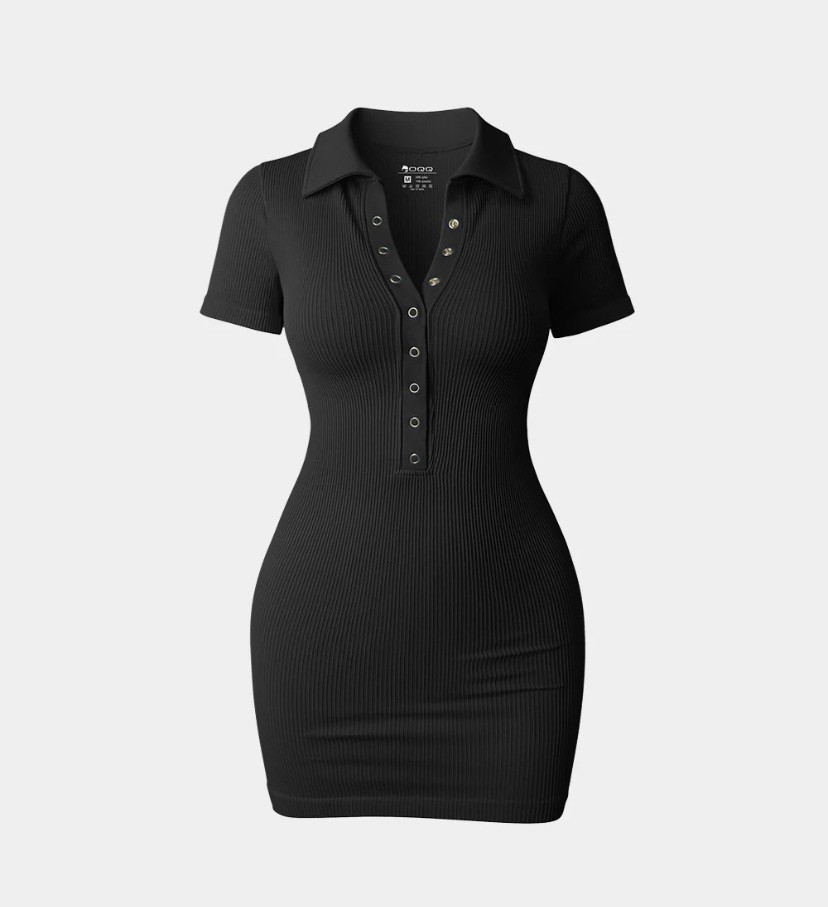 OQQ Women’s Collar Solid Buttons Down Mini Dress Womenswear Casual Size M