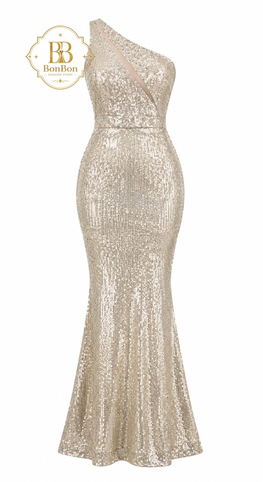 Champagne One Shoulder Sequin Evening Dress Mermaid Formal Maxi Party Gown