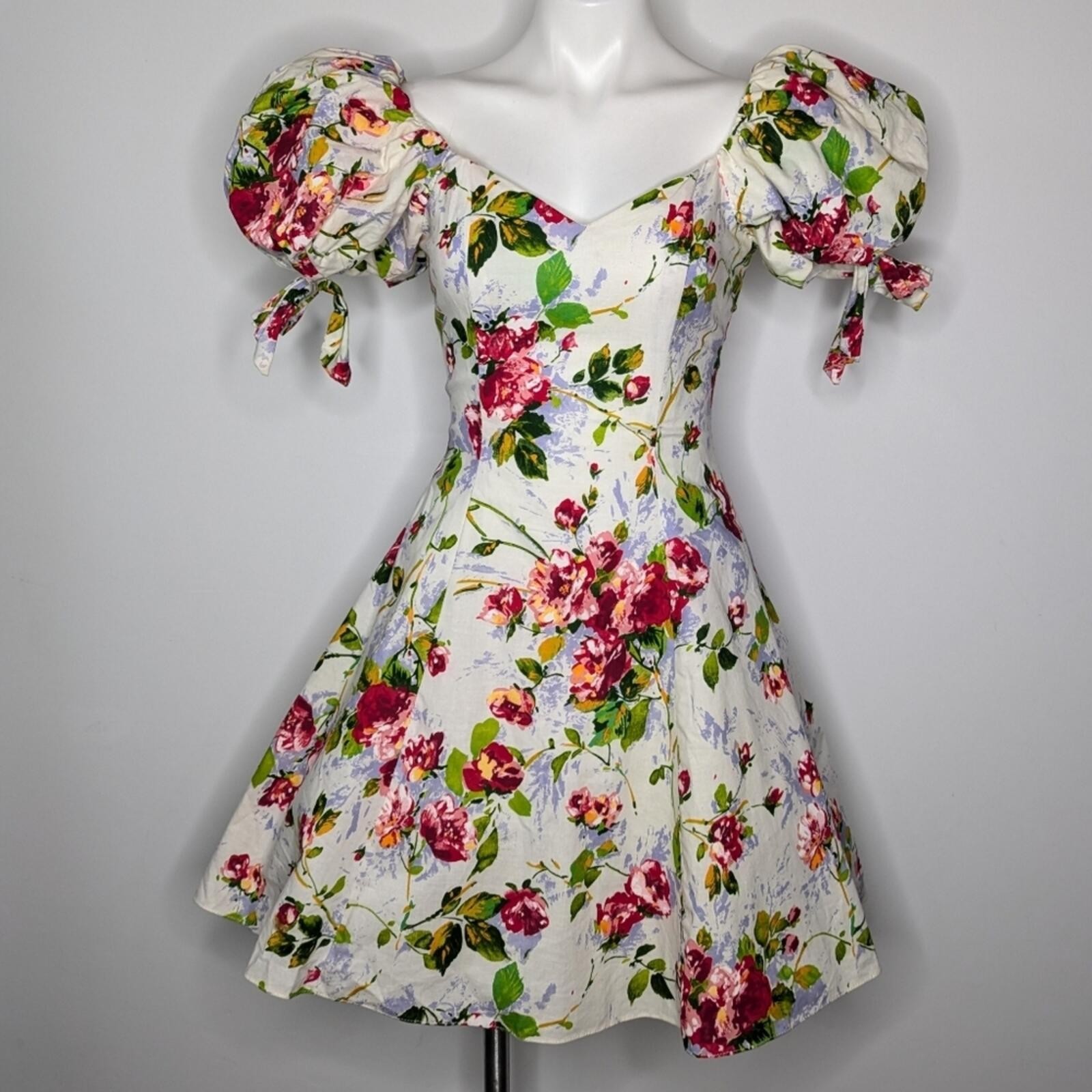Vintage DBA LA White Red Blue Floral V Neck Puff Sleeve A Line Knee Length Dress