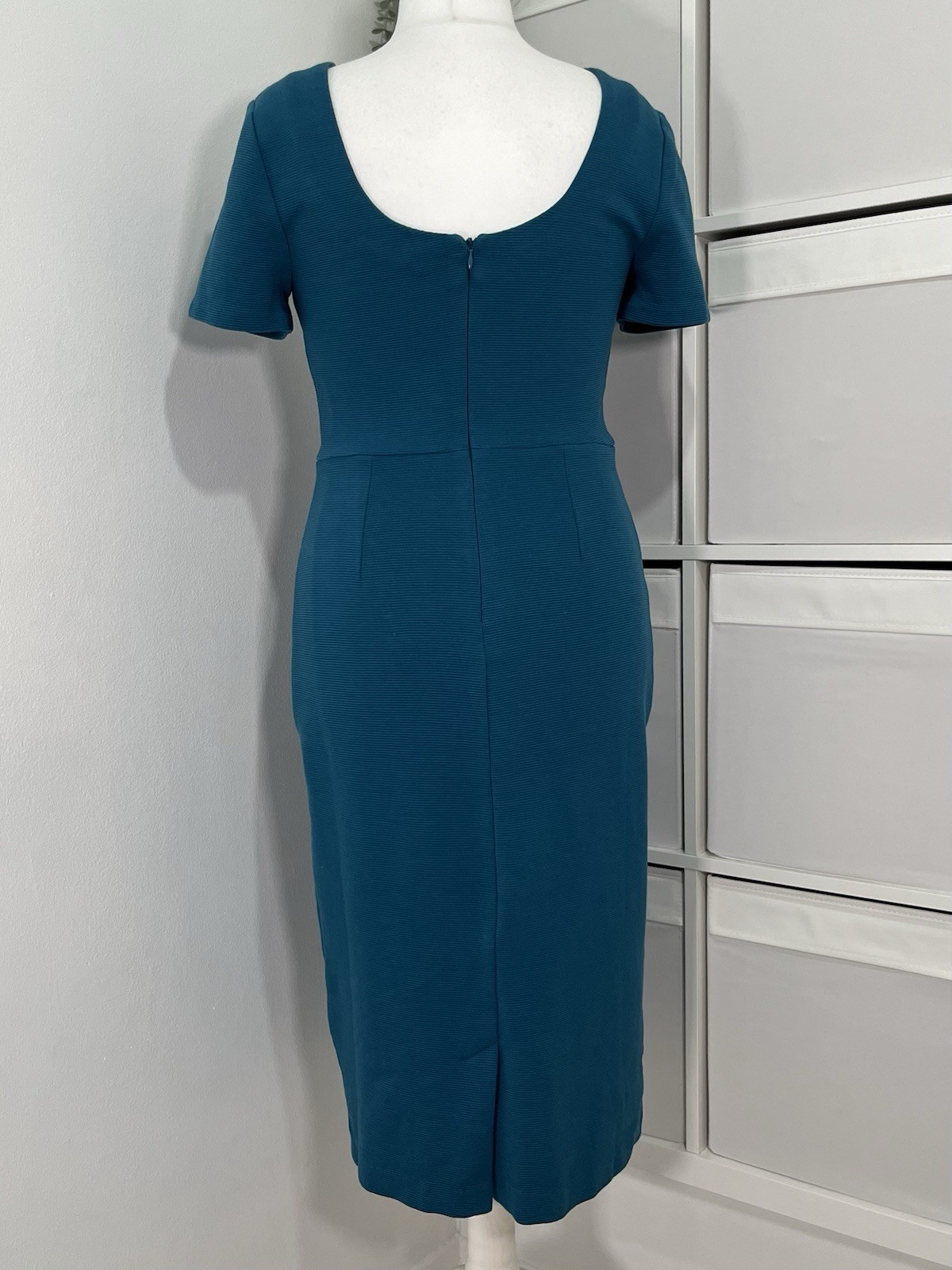 Boden Ribbed Pencil Wiggle Midi Dress Size 14 Blue Stretch Occasion Office Work