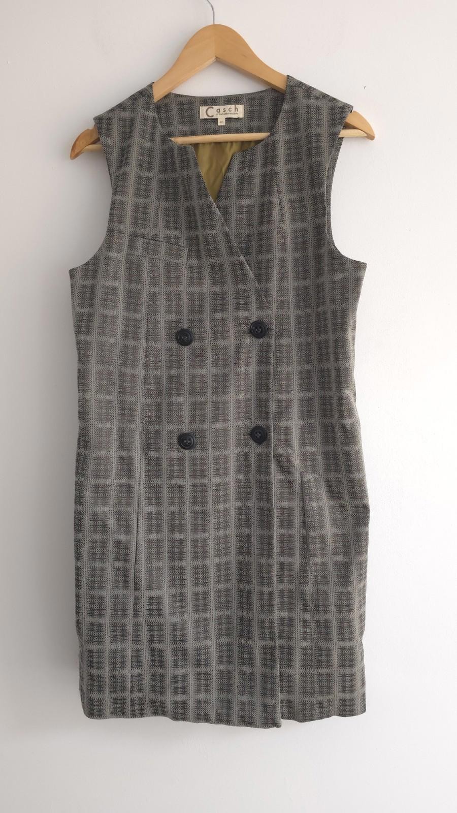 Casch by Gro Abrahamsson Grey Brown Check Sleeveless Dress Buttons Scandi -Sz 40