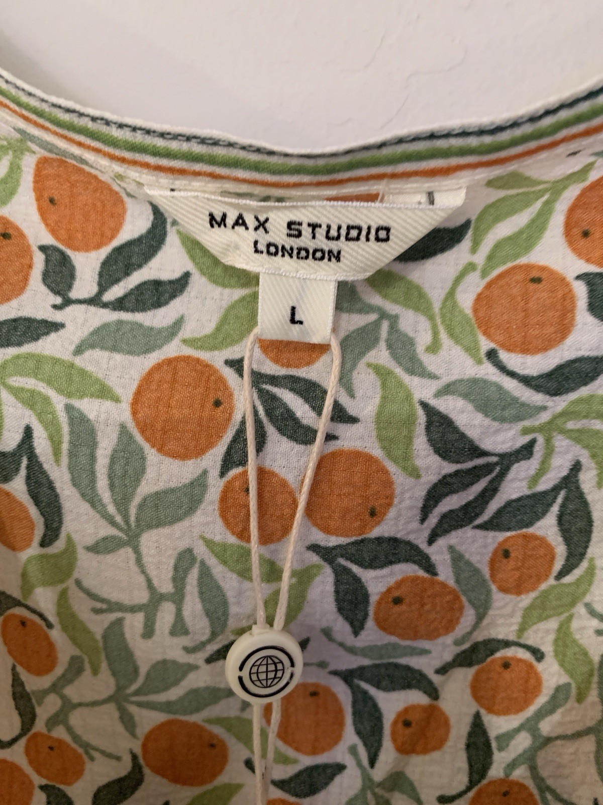 Max Studio London White Orange Green Floral Smocked V-Neck Mini Dress L NWT