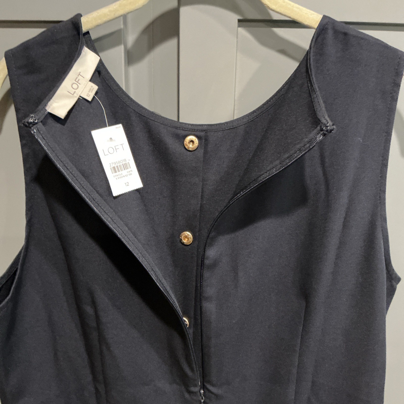 LOFT Navy Sleeveless Sheath Dress Knee Length Button Ruffle Pockets Stretch 12