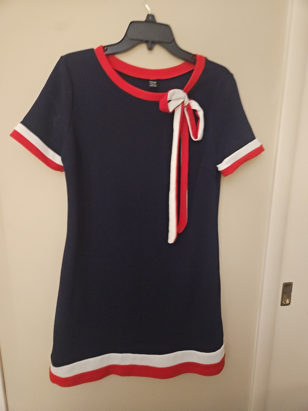 Navy Dress With Red And Trim, Bow Detail, Shein