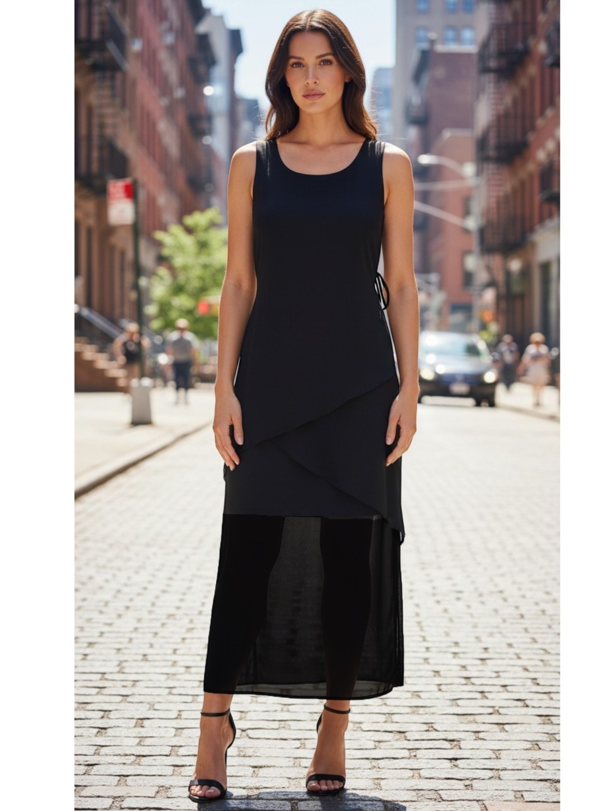 Ladies Black 3 Tier Triple Layer Chiffon Georgette Ties On Back Pencil Dress