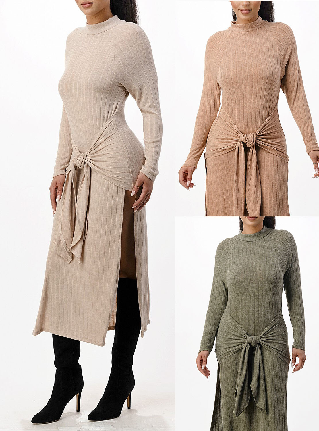 Womens Front Tie Midi Knit Long Sleeve Dress Winter Fashion 2022 Casual Wear
