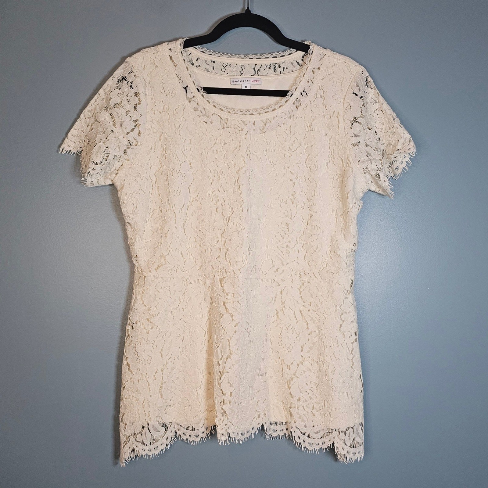 Isaac Mizrahi Live Ivory Lace Overlay Short Sleeve Top Women’s Size Medium