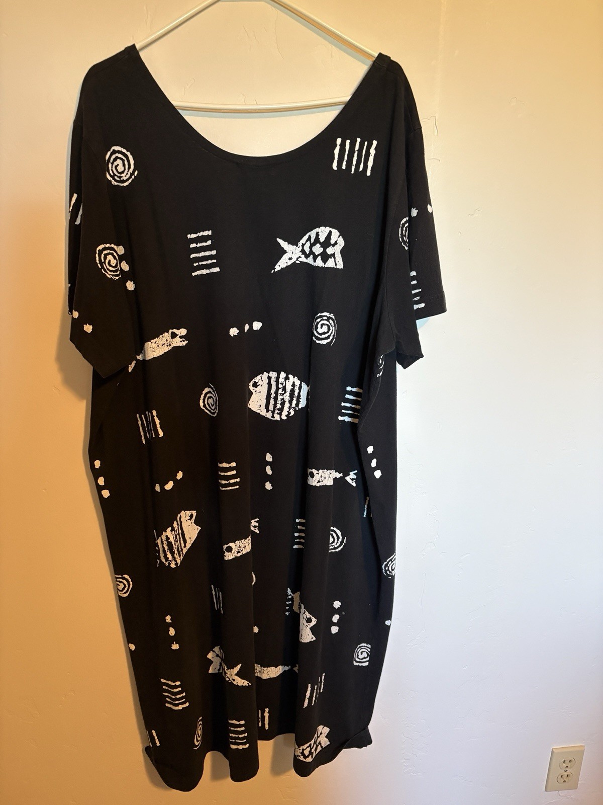 M. Mac Black Fish Print T-Shirt Long Dress 3X 100% Cotton Short Sleeve Beach