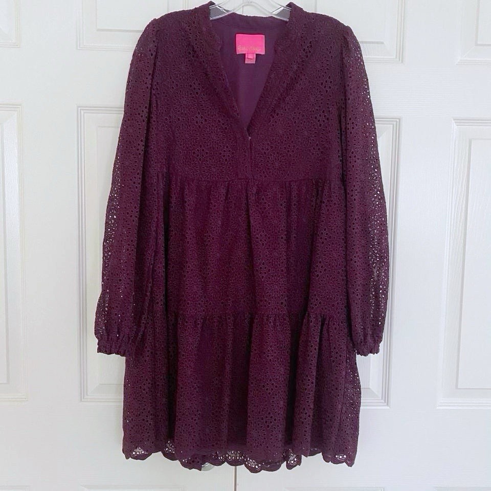 Lilly Pulitzer Winona Eyelet Long Sleeve Swing Dress In Purple Cherry Ganache S