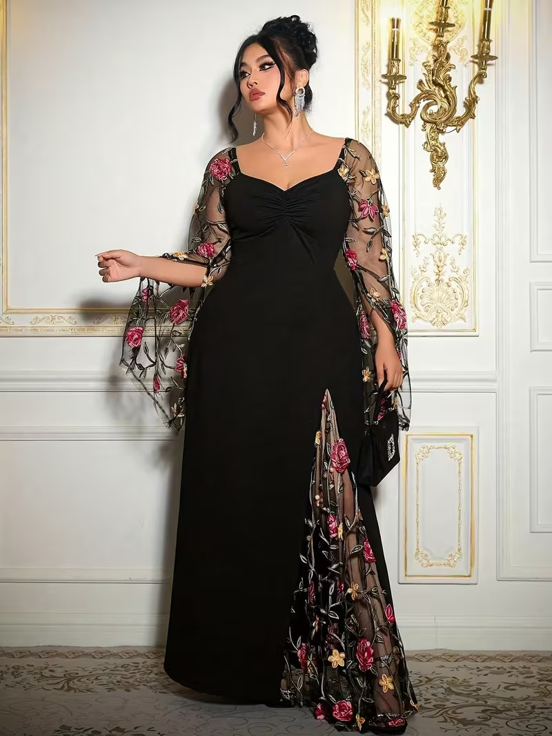 PLUS SIZE EMBROIDERED MESH BODYCON GOWN • SLIT SLEEVES • FORMAL ELEGANT • 2XL–4X