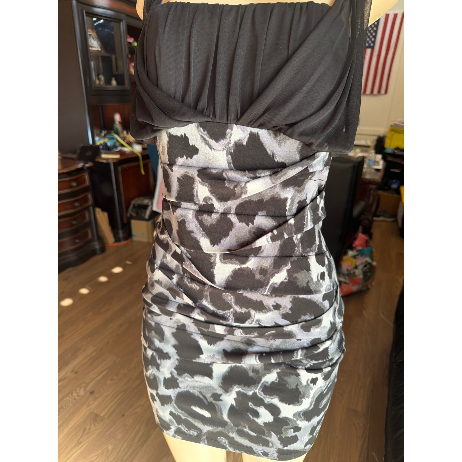 Black Ruched Bodycon Mini Dress Grey Animal Print Sleeveless Cocktail Dress