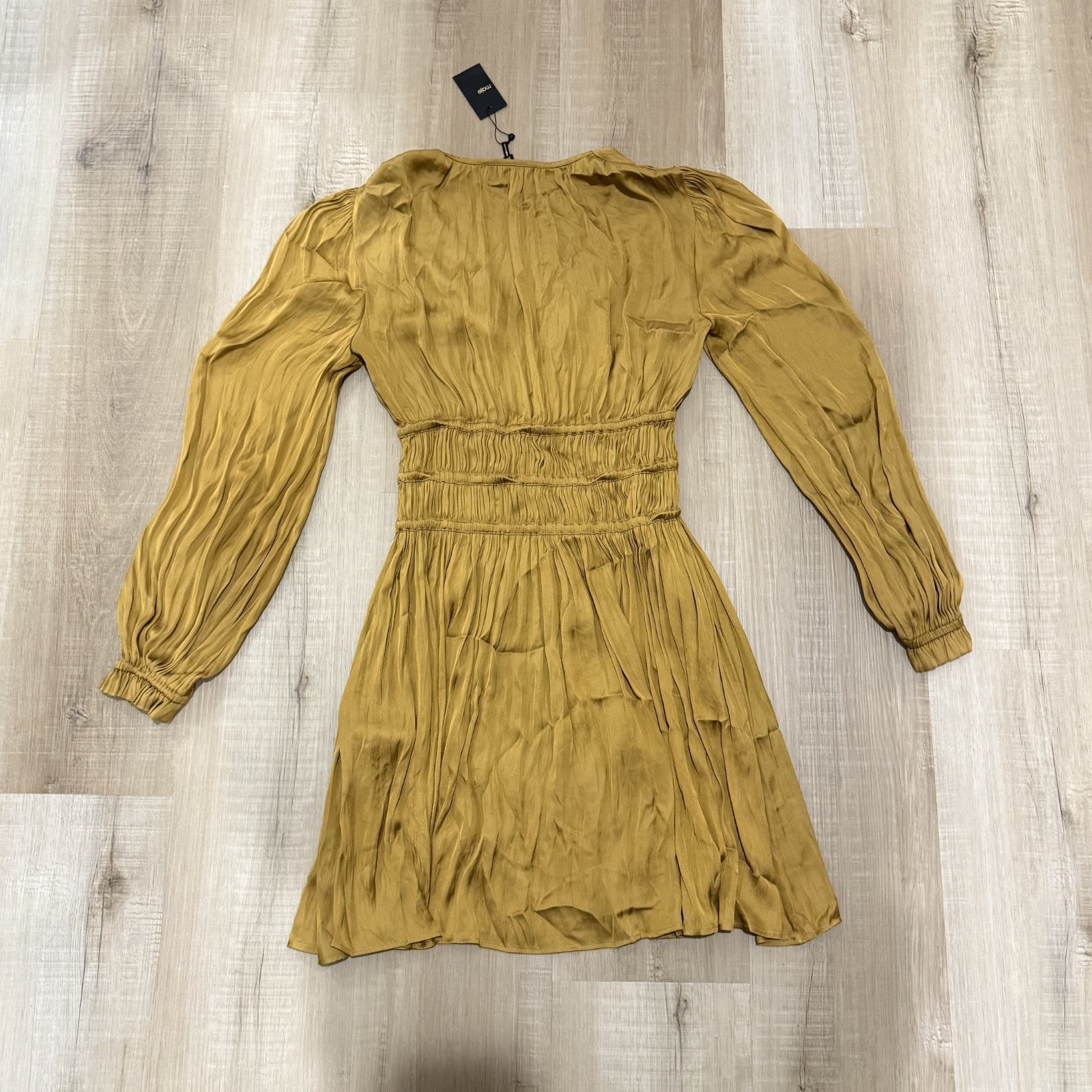 Maje Riane Ruched Satin Mini Dress in Gold Size 35 (NWT)