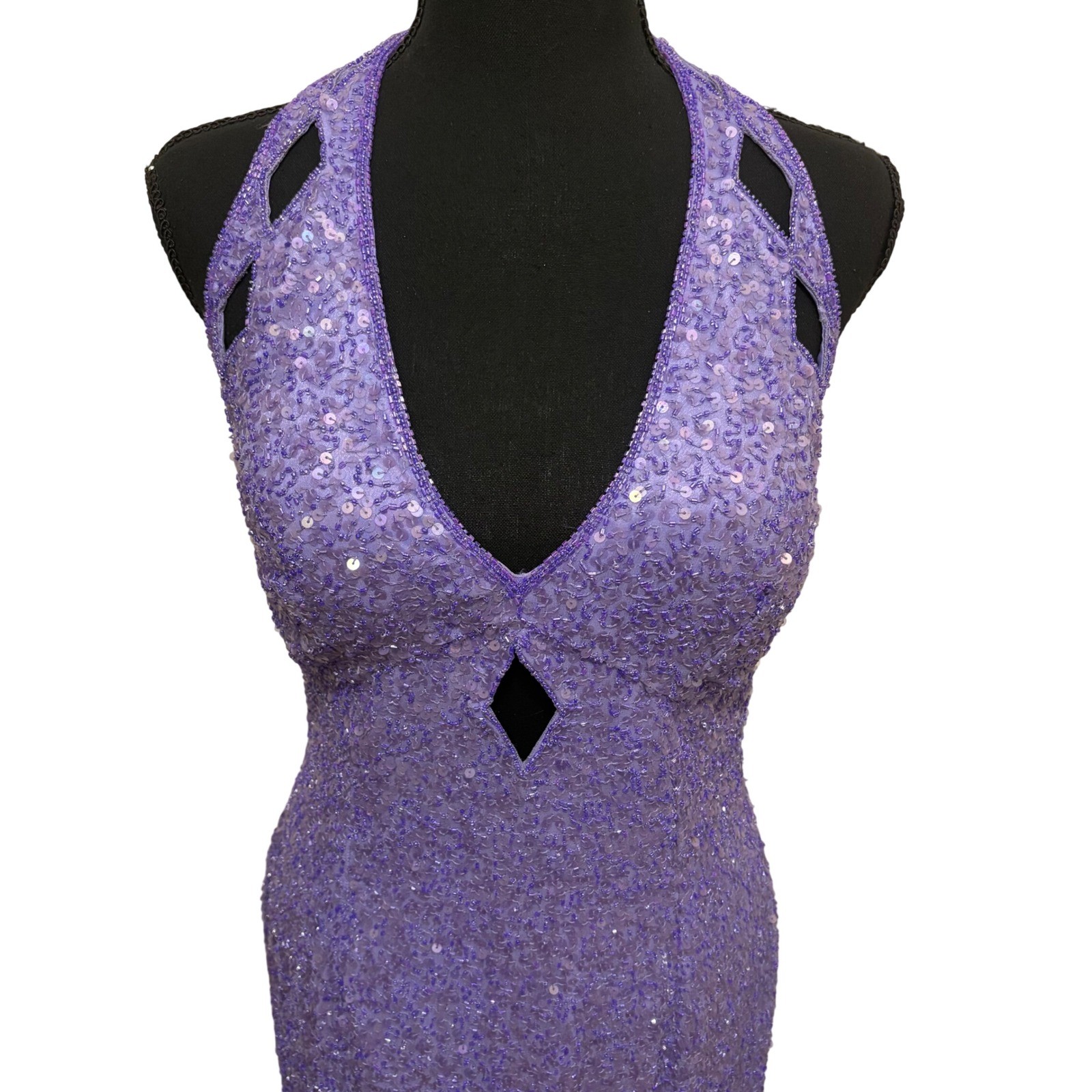 Vintage Scala Silk Beaded Sequin Halter Gown Purple Formal Evening Prom Dress