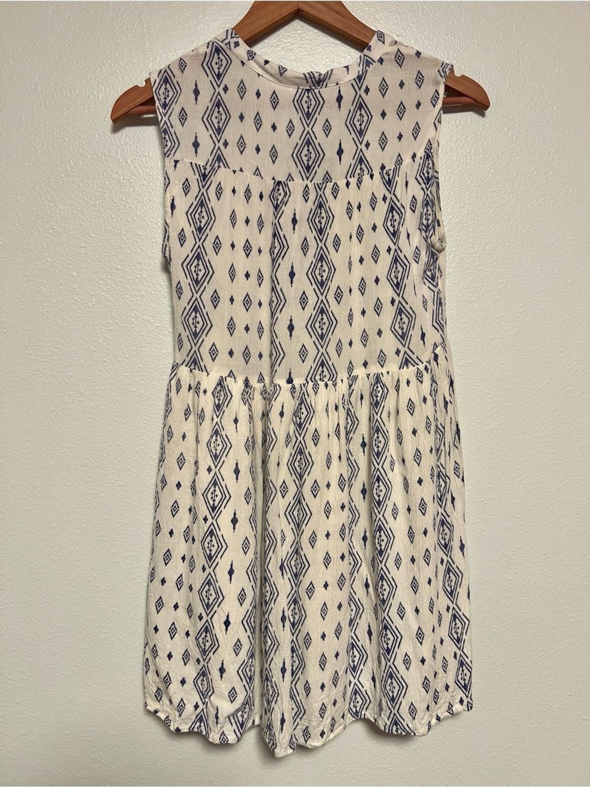 En Creme Ivory Navy Tribal Geometric Tassel Tie Sleeveless Mini Dress Size Small