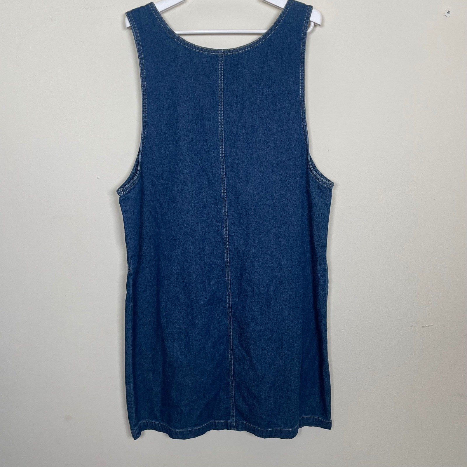 Vintage Basic Edition Denim Pinafore Dress Blue Button Front Patch Pockets M 90s