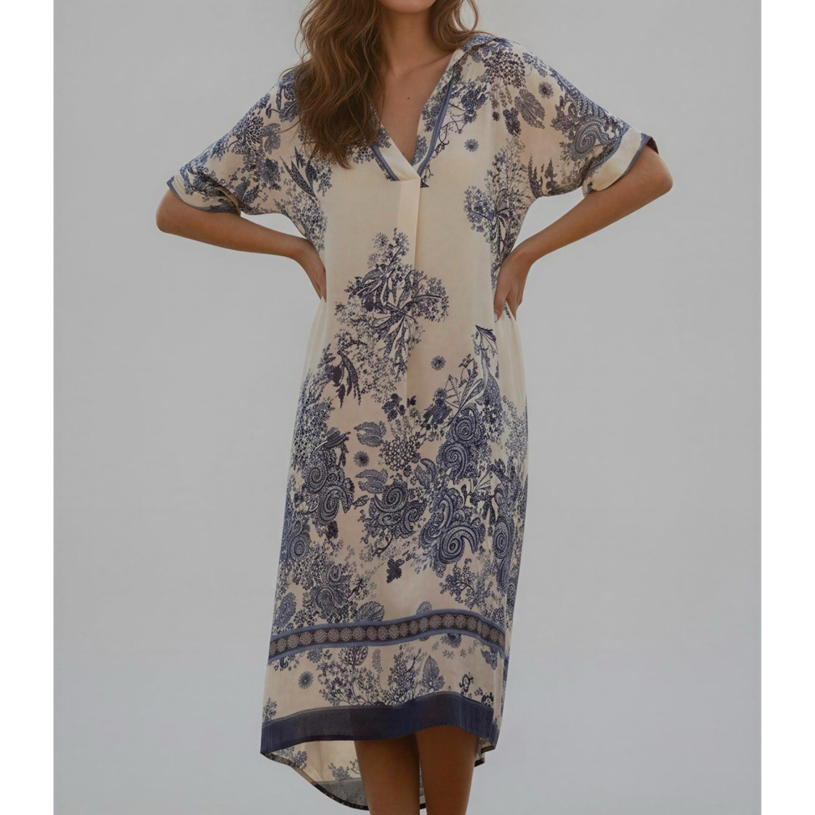 $220 NWT JAKI LONDON Ottilie Silk-Blend Kaftan Dress, Navy, S/M
