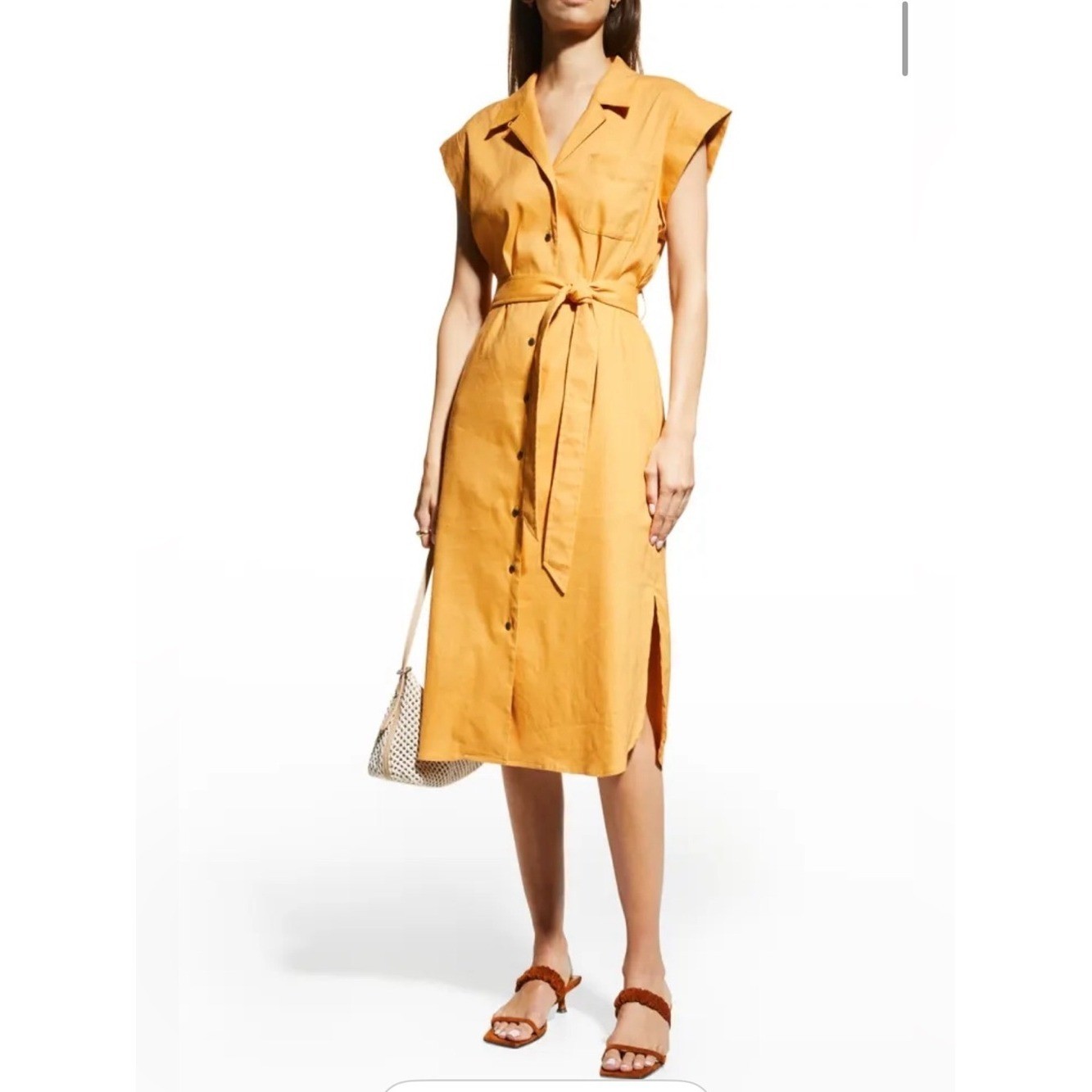 RAG & BONE Helena Linen Blend Button Front Shirt Dress Mustard Sz 0 Resort