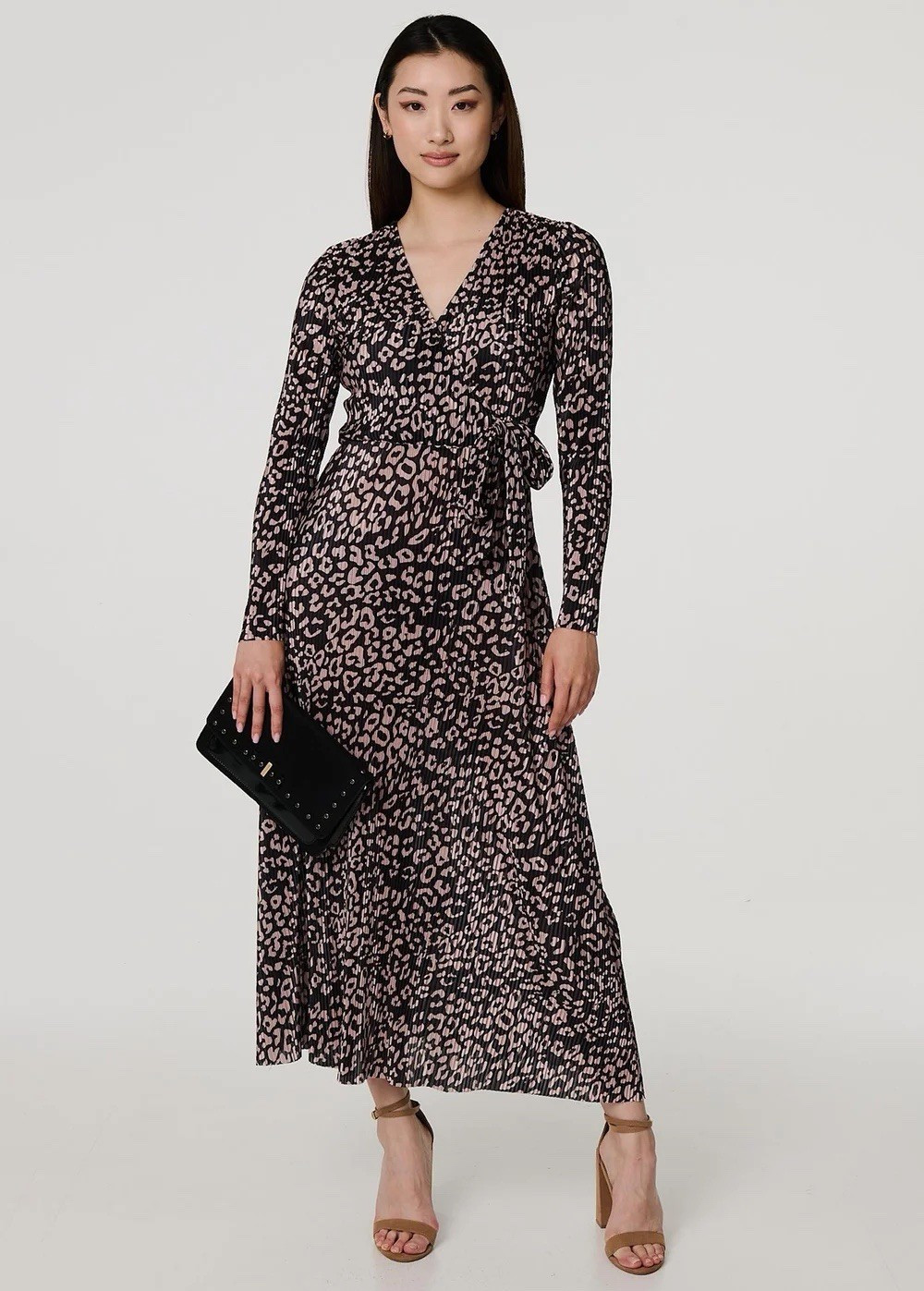 Izabel London Womens Black Leopard Wrap Dress V-Neck Long Sleeve UK 12 RRP £35