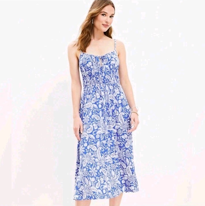 LOFT Blue Floral Paisley Midi Jersey Dress SMALL Summer Resort Beachy Feminine