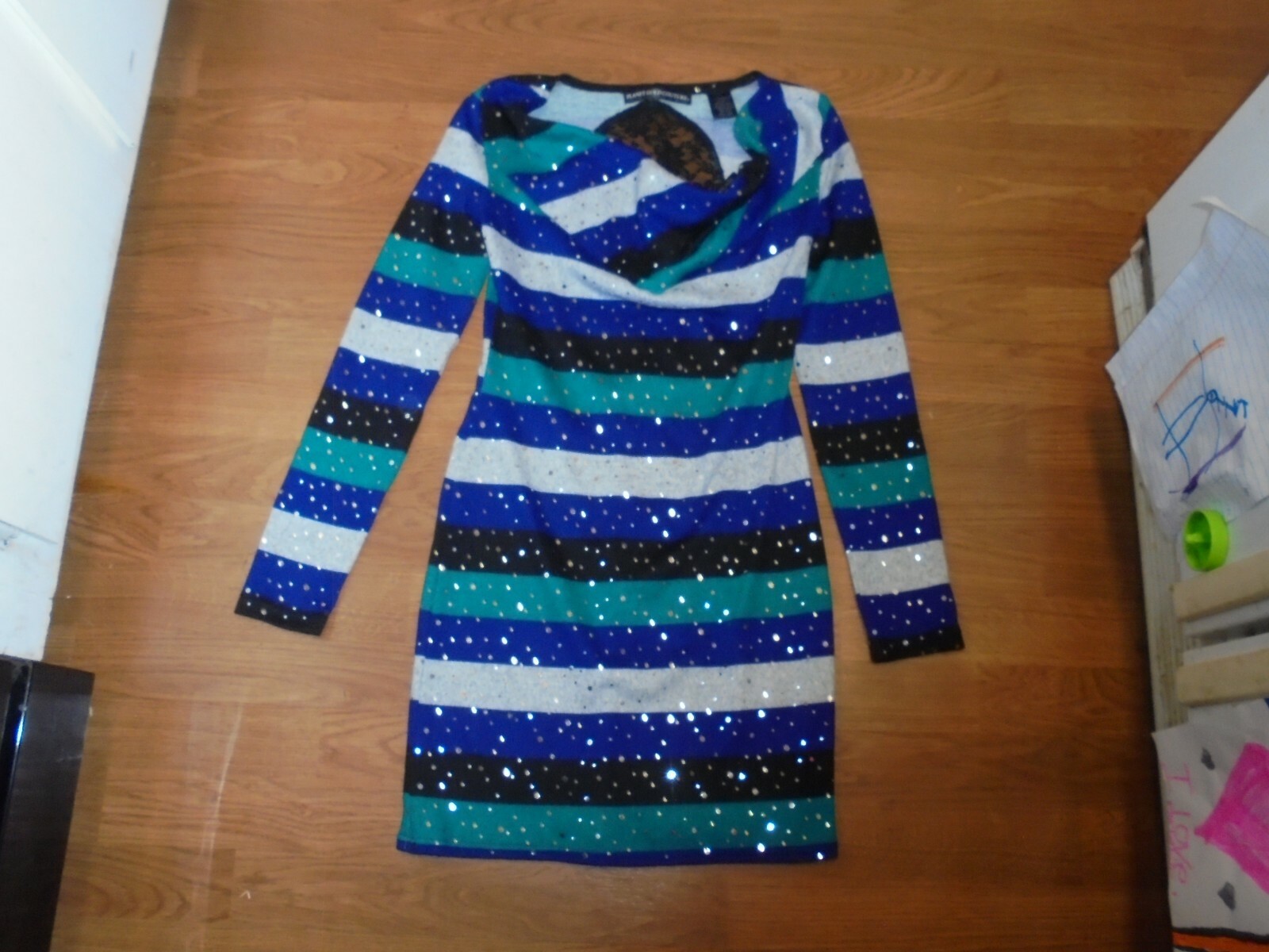NWT Planet Gold Couture gray, green, blue, black striped dress with lace back S