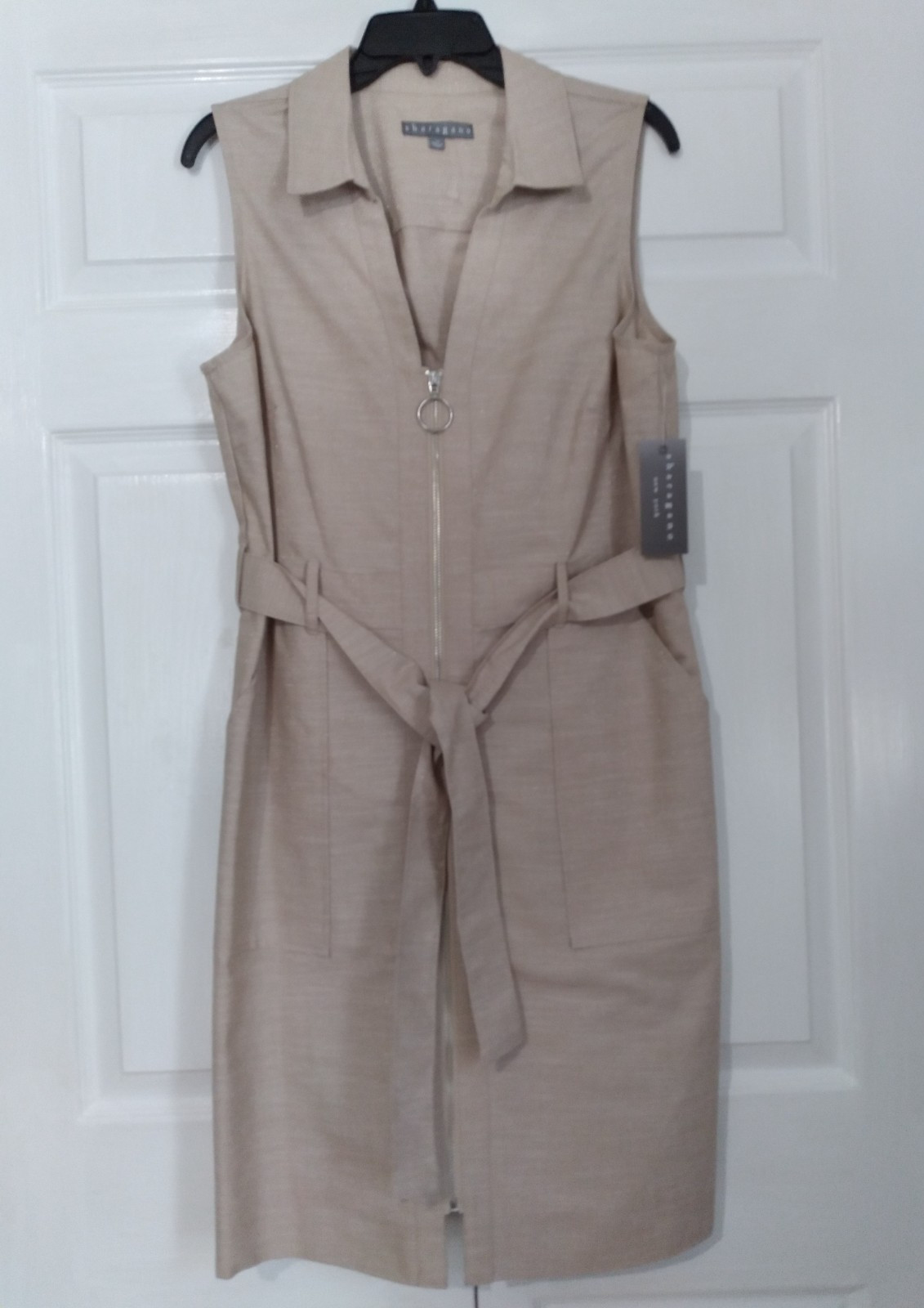 Sharagano Sleeveless Belted Zip Front Sheath Dress Sz 14 Utility Tan /Silver NWT