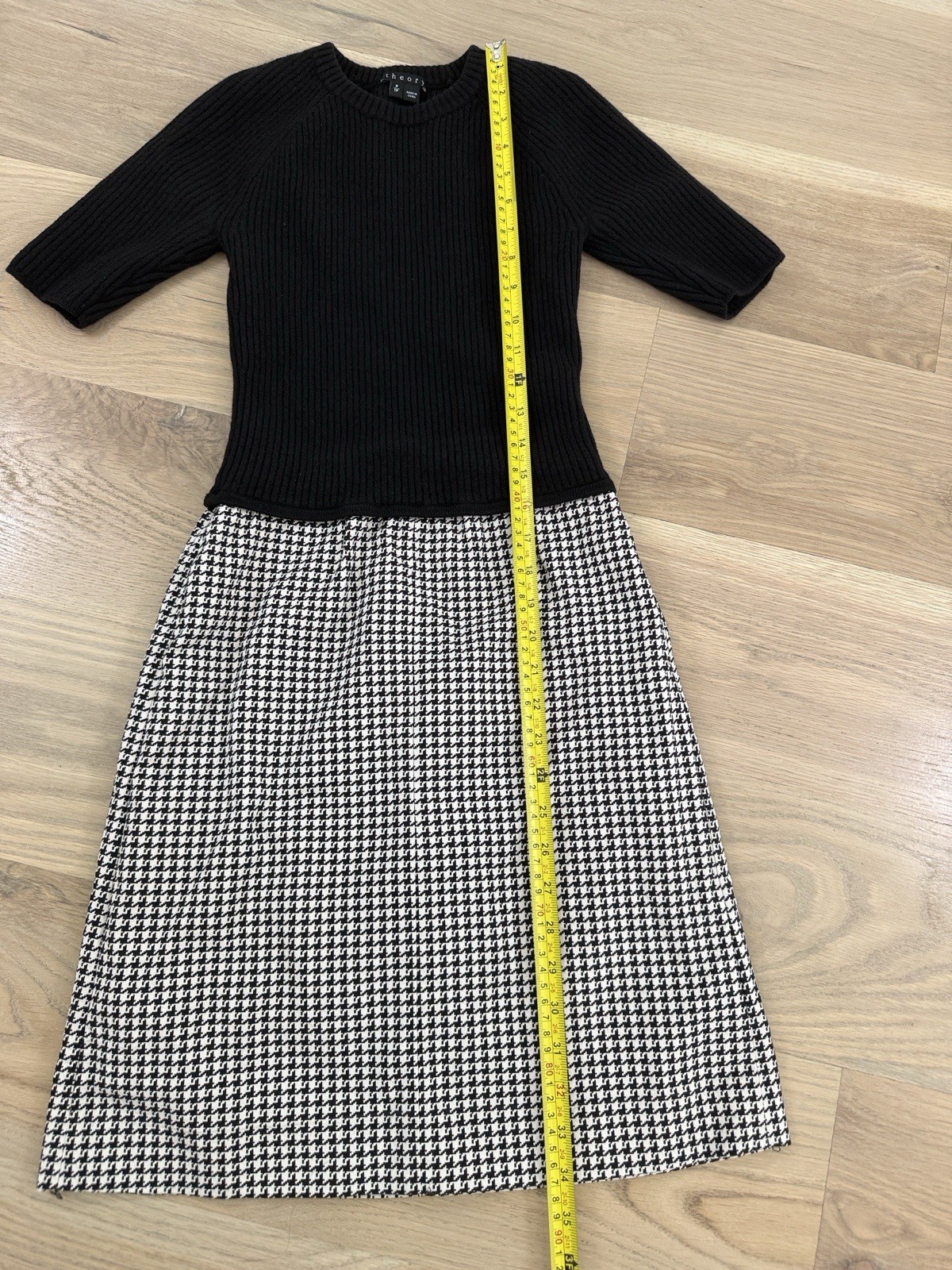 Theory Black White Houndstooth Crew Neck Half Sleeve Sheath Knee Dress P
