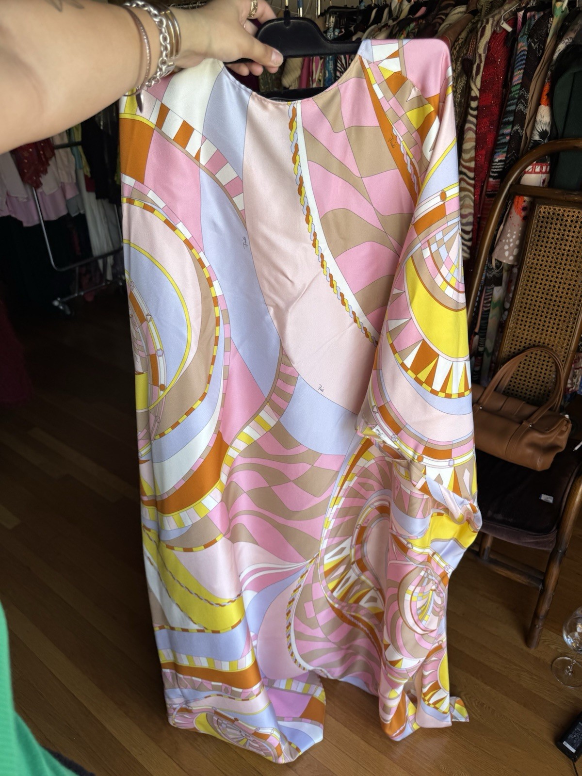 Emilio Pucci Geometric Print Silk Satin V-Neck Kaftan Maxi Dress T/U