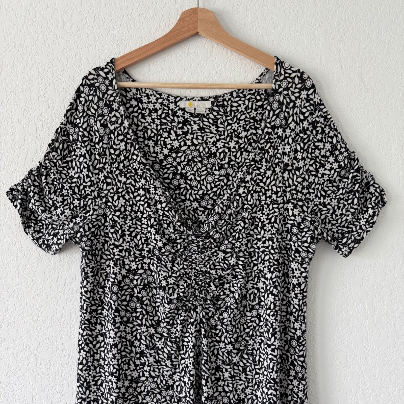 Boden Black White Floral Ruched V-Neck Midi Dress Womens US 16/18R Short Sleeve