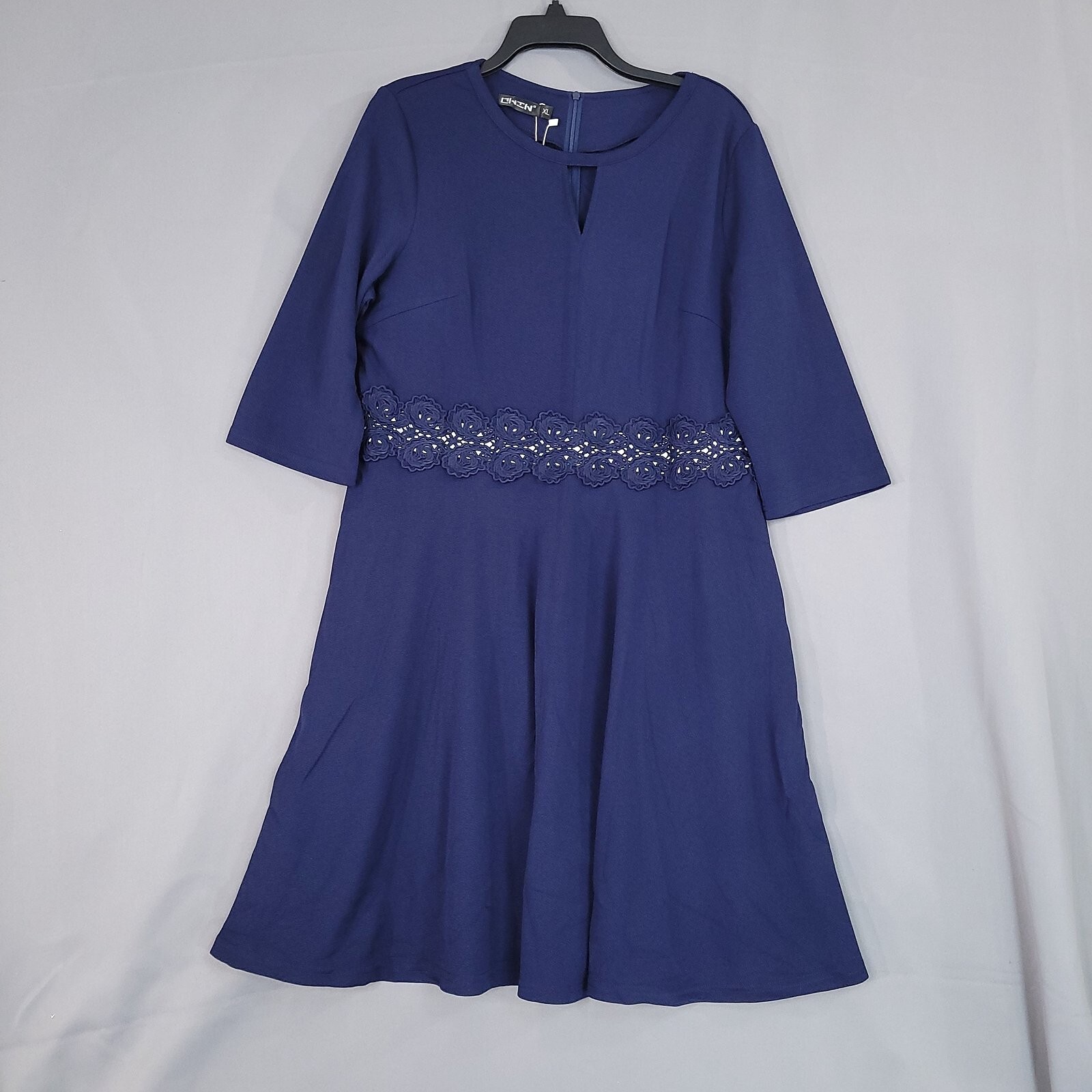 Owin Women’s Fit & Flare Dress 3/4 Sleeve Midi Navy Blue Size XL
