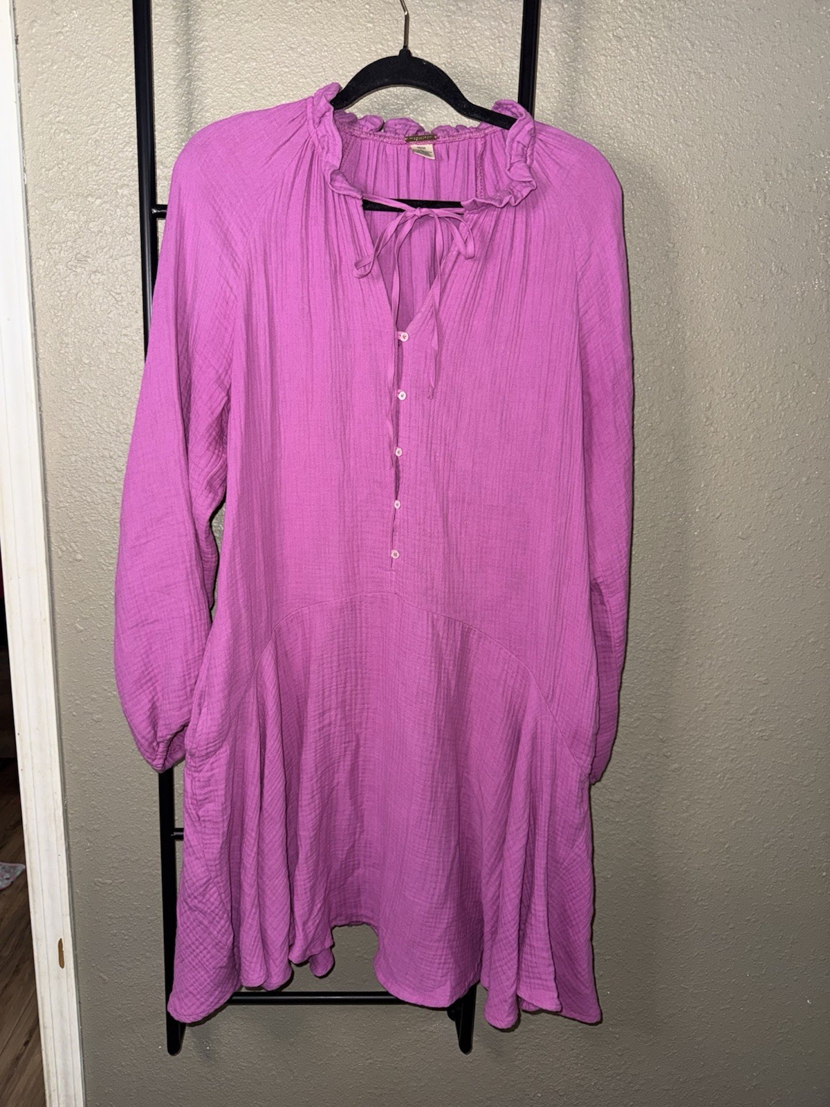 Magaschoni Pink Gauze Tunic Dress Ruffle 100% organic cotton Front Long Sleeve M