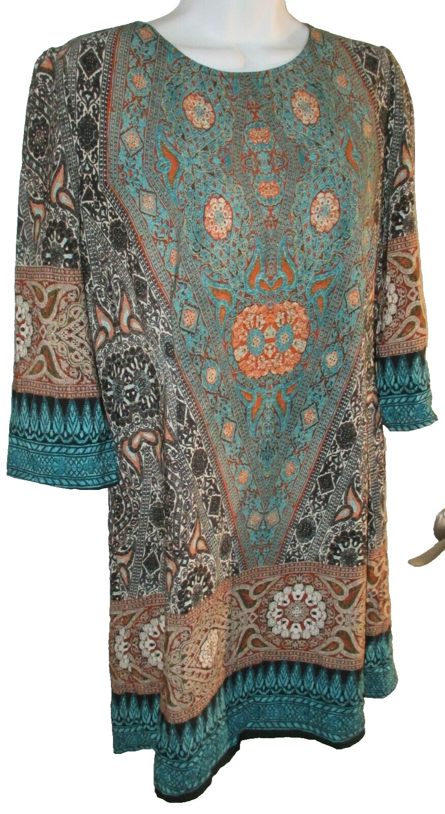 BOW & ARROW Dress Size L Multi-color Paisley Border Print Scoop Neck 3/4 Sleeves