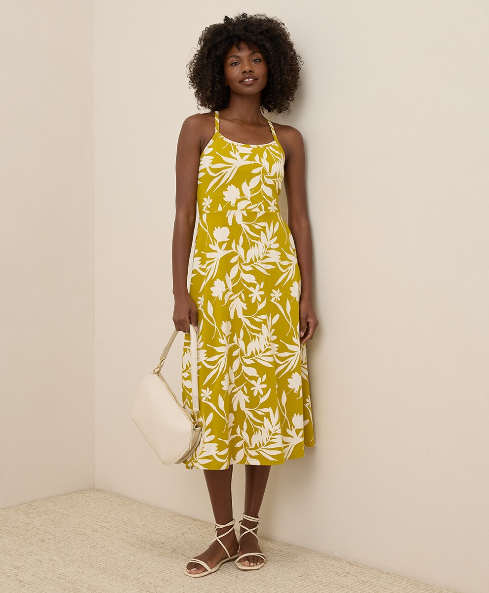 Pact Women’s Fit & Flare Midi Dress Medium Short Tropical Palms Chartreuse