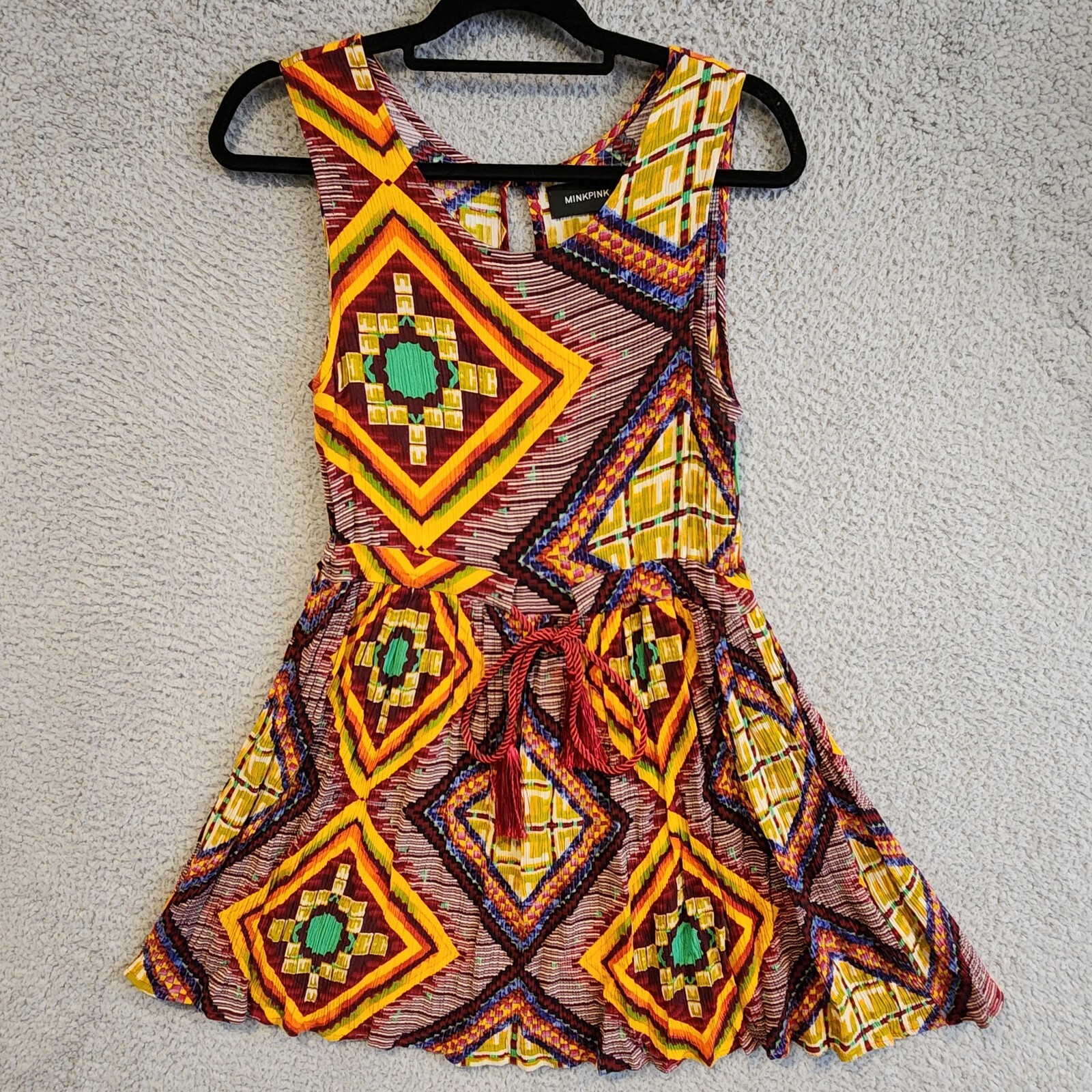 MINKPINK Womens Mini Dress Medium Multicolor Batik Design Tasseled Waist