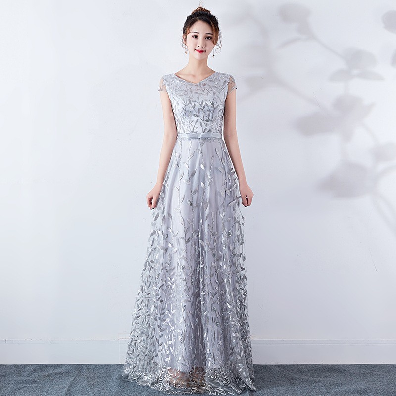 Glitter Maxi Dress V Neck Cap Sleeve Waist Sash Bridesmaid Formal Gown Silver