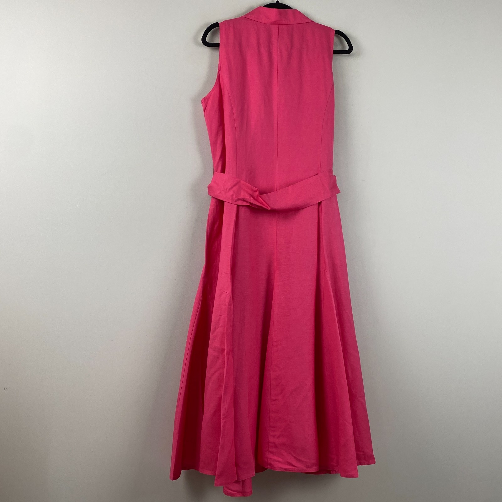 Coldwater Creek Linen Blend Button Front Midi Dress Size 16 Pink Tie Waist