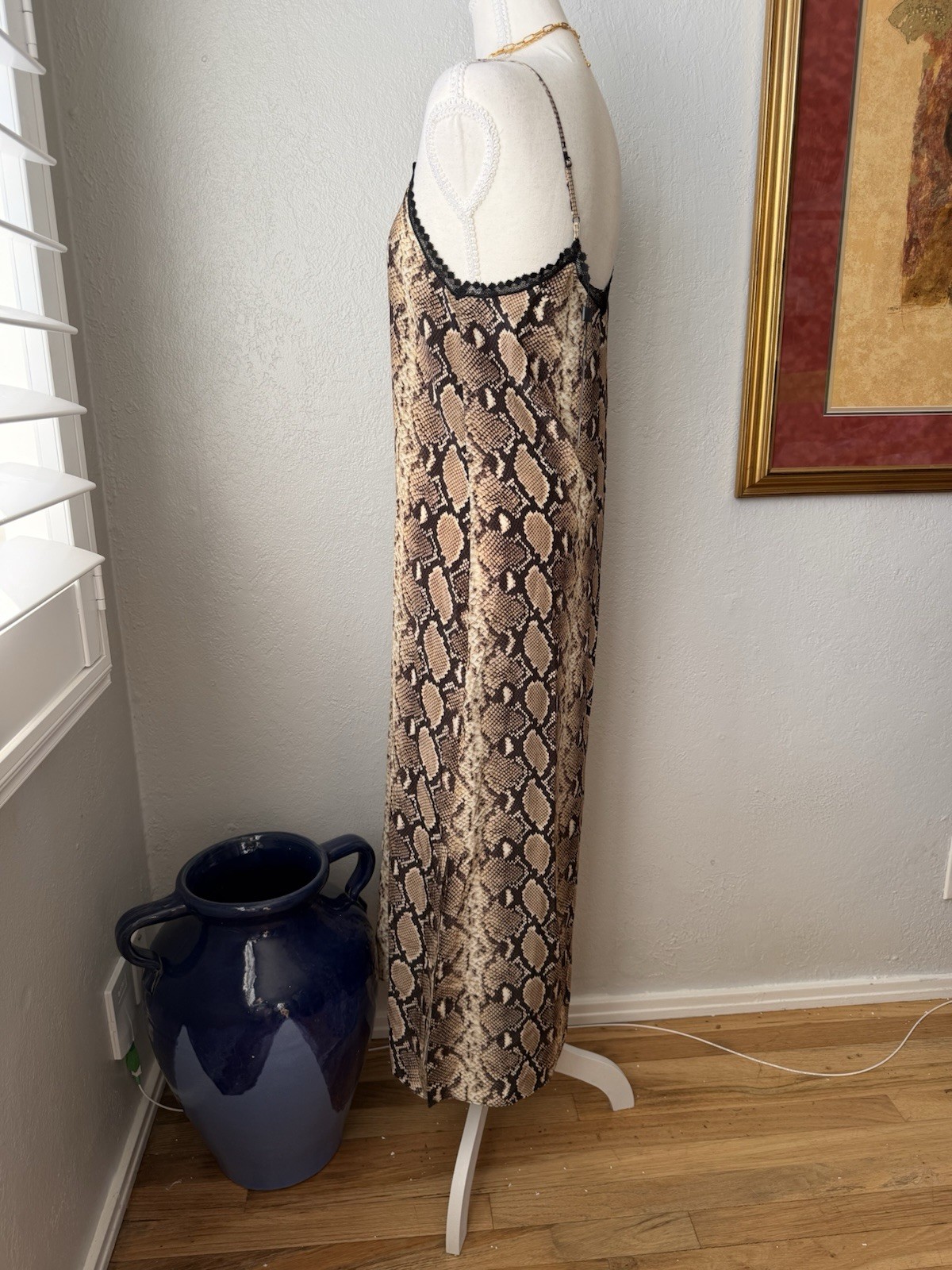 23- The Kooples Snakeskin Print Silk Midi Slip Dress Size 1 (Sm) NWT Lace Trim