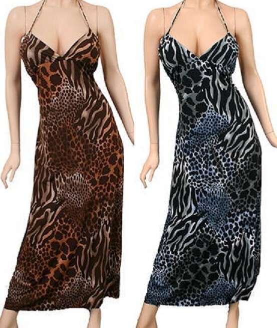 Black/Gray Leopard Tiger Zebra Giraffe Safari Animal Halter Maxi Dress S
